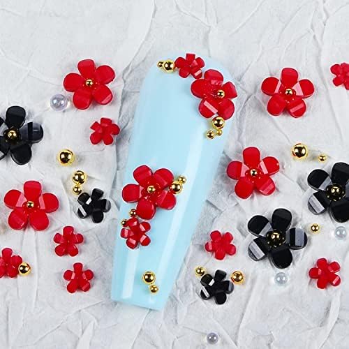 400 парчиња црвени цветници на ноктите, сјајни 3Д акрилни цветни нокти декорации Декорации со мешана големина Цветни шарми