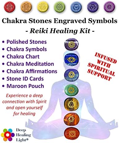 Чакра камења, врежани симболи - Реики заздравување - Полирани палми камења, табела Чакра, симболи на чакра, афирмации, медитација, картички