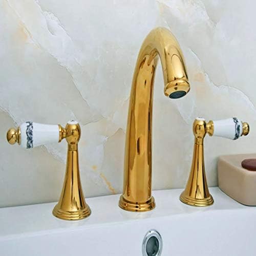 Месинг со златна боја двојни рачки 3 дупки Инсталирајте широко распространета палуба монтирана бања мијалник за мијалник за мијалник за мијалник