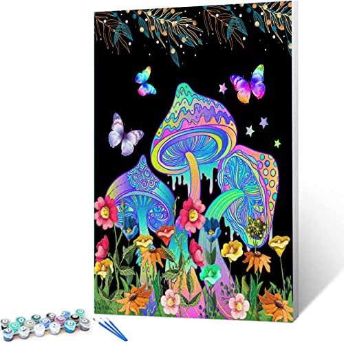 Магична печурка врамена боја со броеви за возрасни деца почетник Гарден цветни растенија масло за сликање комплет 16x20 инчи тропска
