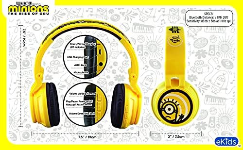 Ekids Minions Kids Bluetooth слушалки, безжични слушалки со микрофон вклучуваат охрански кабел, волуменски намалени слушалки за