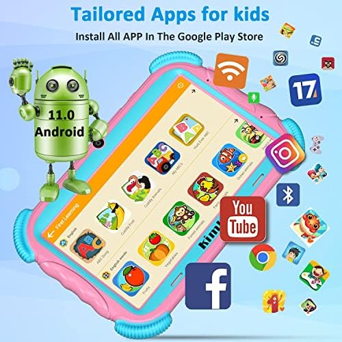 Кимлок Детска Таблета Таблета За Деца, 7 Инчен Андроид 11, 2GB+32GB, WiFi, АПЛИКАЦИЈА За Родителска Контрола,Двојна Камера,