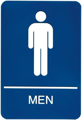 Наслов на знак 5216 АДА Менски знак за тоалети со тактилна графика, 6 инчи на 9 инчи, светло сива/бела боја