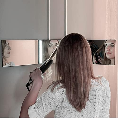 DQinLit Бербер Огледало Светло На Полнење 3 Насочно Огледало СО LED Светла За Самостојно Сечење На Косата Системско Бричење Чешлање Шминка