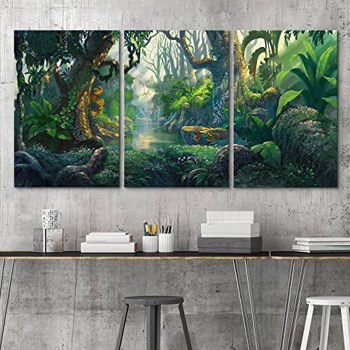 Wall26 Canvas Print Wall Art Set Fantasy Зелена тропска џунгла и речна цветна природа илустрации модерно уметност рустикално сценско/мирна