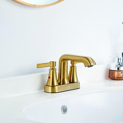 Рофени четкана златна бања тапа од 4 инчи центри, тешки цврсти месинг современ 2 рачки за мијалник за бања со пластично одводнување, централен сет суета тапа чешма