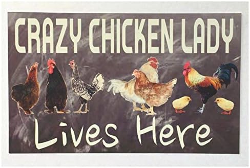Нов гроздобер ретро метален калај знак Смешно лудо пилешко дама живее тука фарма селска улица гаража и домашен бар клуб кујнски