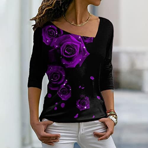 Nokmopo женски туника врвови женски модни обични наклонети јака худи роза роза печатена маица со долги ракави маица врв