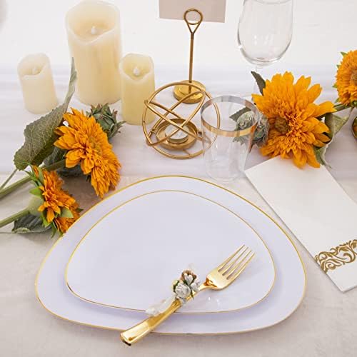 Суперски 210 парчиња бели и златни плочи, златен пластичен сад за вечера- златни чинии за вечера, пластични десертни плочи,