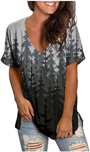 Плус-големина женски врвови, дами во боја блок-мета v вратот Туника 2023 Трендовски лабава маичка страна Сплит пулвер, блуза со краток