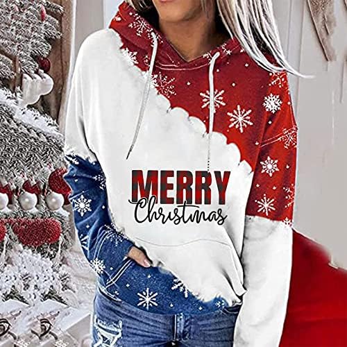 Womenенски 2022 Среќен Божиќна јака со качулка со качулка со дуксери за снегулки со снегулки, приврзани кошули со долги ракави