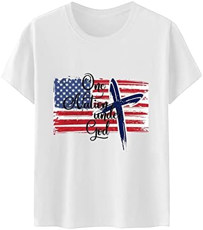 LCEPCY женски Ден на независност маици со букви печати околу вратот Краток ракав Американски знаме Графички маички