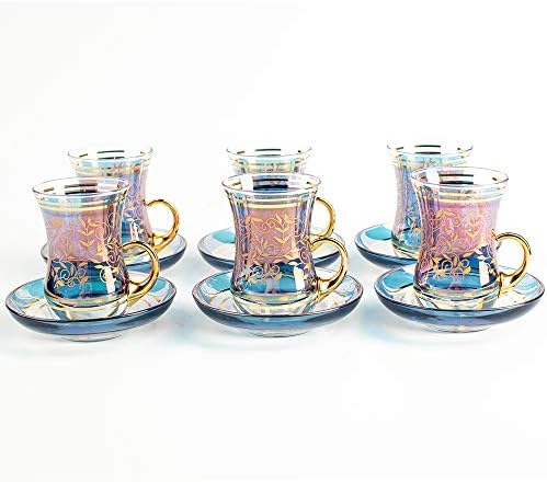 Гроздобер турски чај чаши чаши и чинии сет од 6 за забави возрасни со рачка златни фенси котли чајници што служат за пиење подарок дома послужавник кујнски стаклени