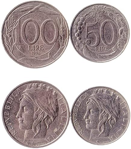 2 Монети Од Италија | Италијанска Колекција На Монети 50 100 Лири | Циркулирано 1993-2001 | Ловоров Гранка | Птица | Делфин | Ѕвезда