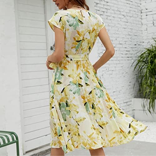 Wpoumv жени летни обични фустани со кратки ракави, цветни печатени екипа на вратот Миди фустан Елегантен замав проток фустан со појас