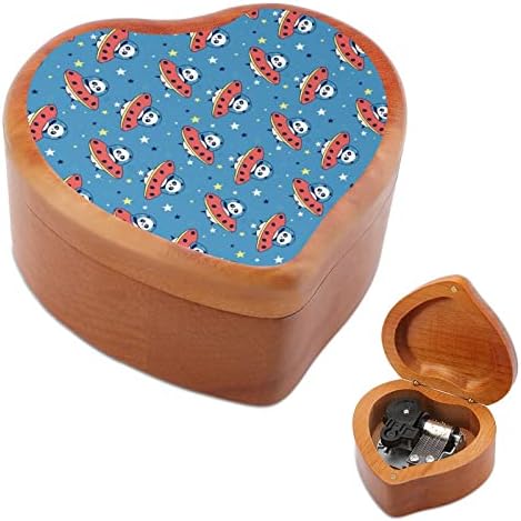 Симпатична панда и вселенска дрвена музичка кутија со форма на срцева форма на музички кутии гроздобер дрвена кутија за подарок