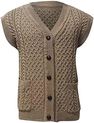 Јакни за мажи Котонвеста џемпер кабел плетен опуштено вклопување V вратот без ракави плетени копче елек за зимски палта за масти