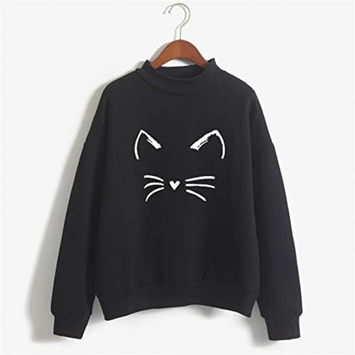 Симпатична џемпер за жени насмевка мачка графичка маица лесна лабава лабава долга ракав пуловер обичен екипаж за џемпери