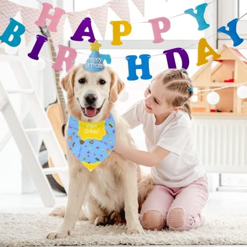 Куче роденденска капа бандана комплет, забавна забава за кучиња, симпатично куче роденденско куче среќен роденден банер, славење на мачки и кучиња