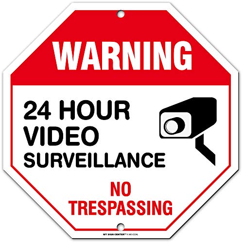 Без предупредување за престапување 24 часа знак за видео надзор, портокалова октагон во форма на октагон, алуминиум од индустриско