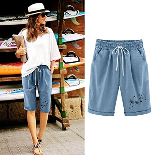 Womenените летни Бермуди шорцеви памучни постелнини со високи половини со должина на коленото, панталони за вежбање на плажа со џебови со џебови