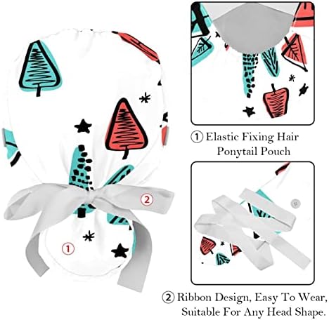 2 парчиња медицинска сестра за чистење капаци жени долга коса, Божиќна снегулка прилагодлива работна капа со копче и џемпери