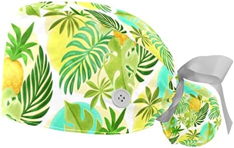2 Пакет прилагодливи работни капачиња, буфантна капа со копче затегнати врски за вратоврска за жени за жени ананас тропски