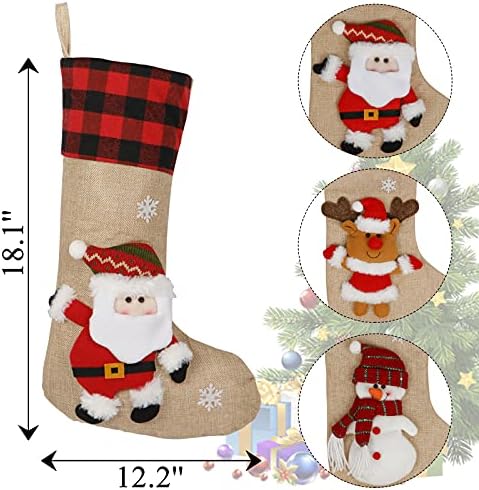 Aerwo Buffalo Plaid Божиќни чорапи 3 пакувања, 18 Големи Божиќни чорапи со 3Д снегулка од снежни снежни и ирваси, рустикални божиќни чорапи за