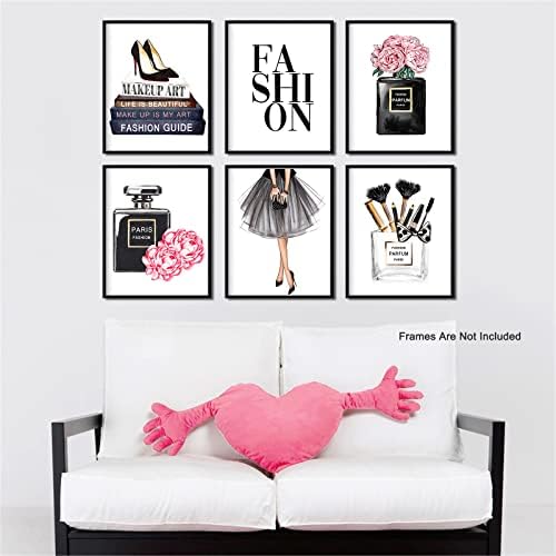 Постер за модна artидна уметност глам - нерасположени црни и розови модерни слики украси за украси за чанти парфем цвет високи потпетици козметички картички за харт?