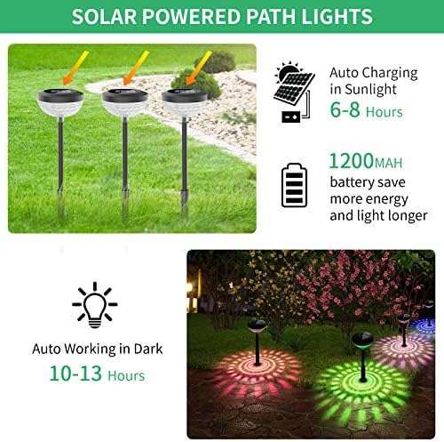 Pagvmin светла соларна патека светла на отворено 2 пакувања, промена на боја + топло бело соларно напојување автоматски LED светла, водоотпорни патеки за патеки за трева