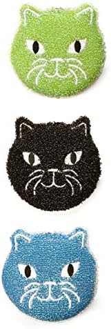 Кикерленд Кити мачки чистач за еднократно сунѓери, за чистење, чистење, миење садови, кујнски чистачи, сет од 3, црна/зелена/сина боја