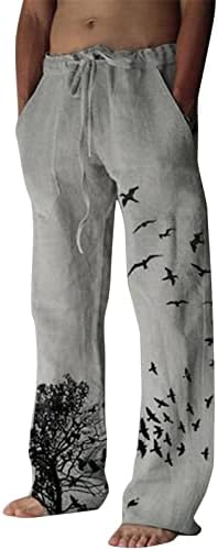 Обични панталони мажи летни панталони со машка машка панталони за прием за печатење полни панталони за џеб од дрво и птици