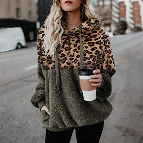 Womenените леопард патент џемпер пуловер преголем палто руно крпеница врвови на блуза за влечење