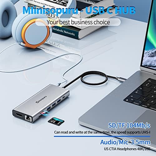 Minisopuru USB C Hub Двоен HDMI Адаптер, 13 ВО 1 USB C Мултипорт Адаптер за 2 Монитори, DP, 5 USB A Порти, USB C Dock Pd Полнач, SD/TF,