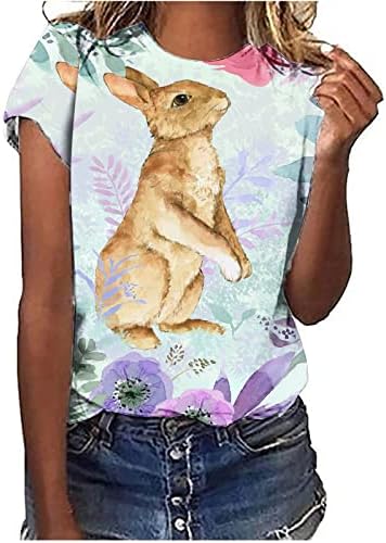 Emенски зајак печатена симпатична маица Велигденски случајни кратки ракави екипаж лабави врвови каваи 3Д графички маички за тинејџери