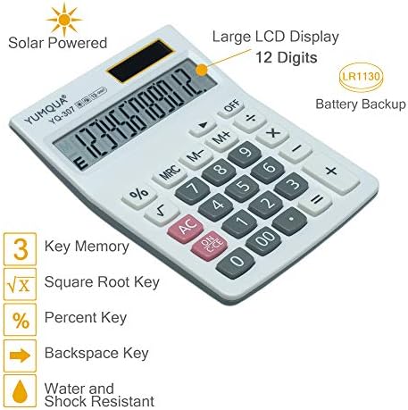 Основен калкулатор, калкулатор за десктоп за стандардна функција Yumqua со 12 -цифрен LCD дисплеј, дневна употреба во канцелариски училишта,