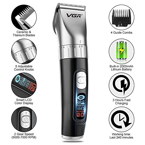 VGR клипери за коса, професионален комплет за сечење на косата за мажи, USB кабел/безжичен полнење на косата за полнење со LED дисплеј, модел V-069