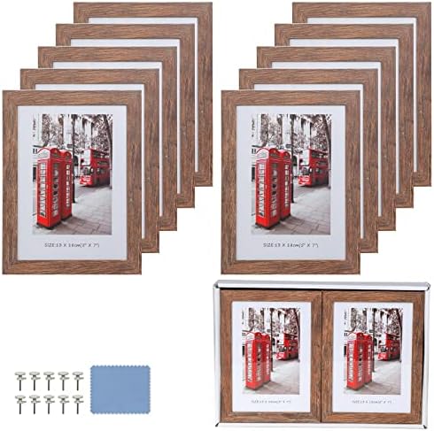 5x7 Рамки за слики Постави од 10, дрвена рамка за слики поставени со кутија за прикажување, античко кафеаво жито од рустикален стил, фото