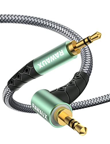 Кабел Rawaux 90 степени Aux 3,5 mm машки до машки стерео помошен кабел TRS 1/8-инчен џек aux кабел за автомобил 24k злато позлатен