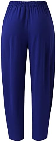 Panенски памучни постелнини панталони со панталони за влечење со цврста боја, широки панталони за нозе, обични еластични панталони за половината