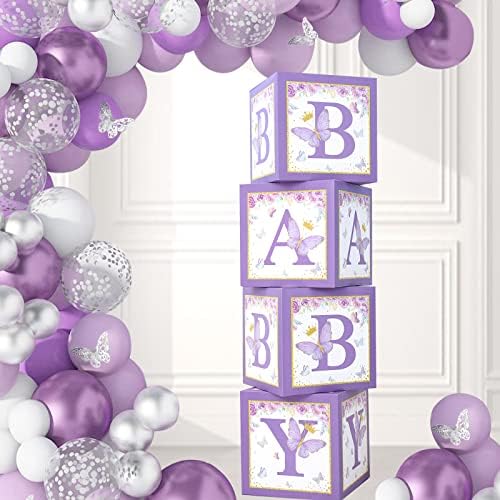 Виолетова Пеперутка Бебе Туш Кутии Украси-4 Пурпурна Балони Кутии СО БЕБЕ Писмо, Печатени Букви, Првиот Роденден Центар Декор, Бебе Блокови
