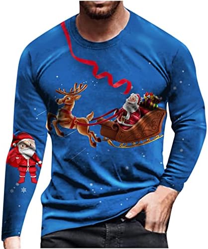 Кошула за мажи Обични блузи врвови 3Д смешни печатени тркалезни врат со долг ракав маица, грда божиќен џемпер