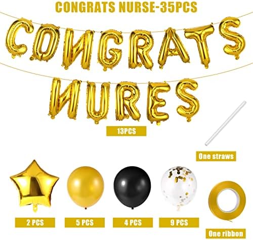 35 парчиња Честитки Украси За Медицинска Сестра, Златни Украси За Дипломирање На Медицинска Сестра Поставени со 16 инчни Честитки За Медицинска