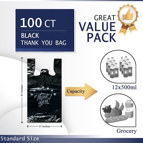 Yoyorain црна благодарам торба со маица, торба за намирници за намирници што може да се употреби и за еднократна употреба торба за супермаркети 11'''x6'''x21 '' 100 парчиња