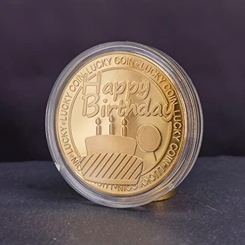 Златна Среќна Монета Со Роденденски Желби-Торта, Потковица И Дизајн На Детелина Со Четири Лисја-Дијаметар Од 1,57 Инчи и Спомен
