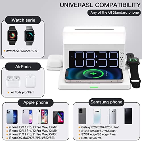 Безжичен полнач за безжични полначи, компатибилен со iPhone 13/12/11/iWatch/AirPods/Samsung Galaxy S22/S10, Дигитален аларм/ламба за маса/ноќна