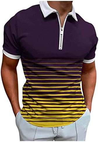 XXBR MENS ZIPPER GOLF POLO кошули Краток ракав летен градиент лента за печатење во боја блок крпеница врвови тениски работна кошула