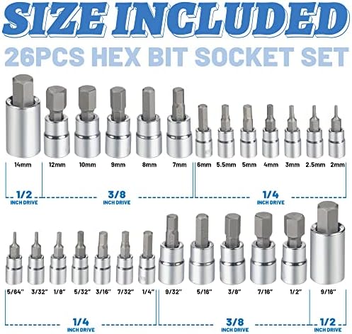 Uyecove Hex Bit Socket Setter, S2 легура челик | 26PCS парчиња 3/8 погон на Allen Socket Set SAE и Metrice Allen Head Socket
