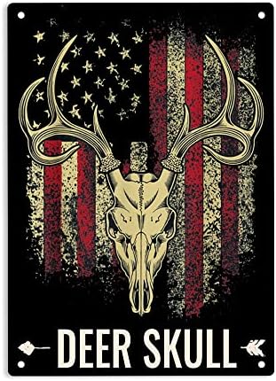 Антлерс череп на знак на американско знаме со знак метал знак, постер за череп за елени за ресторани за домашни канцеларии спални кафеани барови