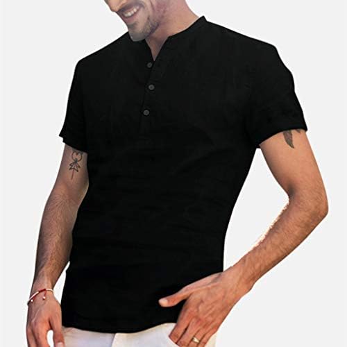 XXBR MENS LENEN HENLEY кошула обична маица со кратки ракави за кратки ракави, пулвер, лесни заоблени пом